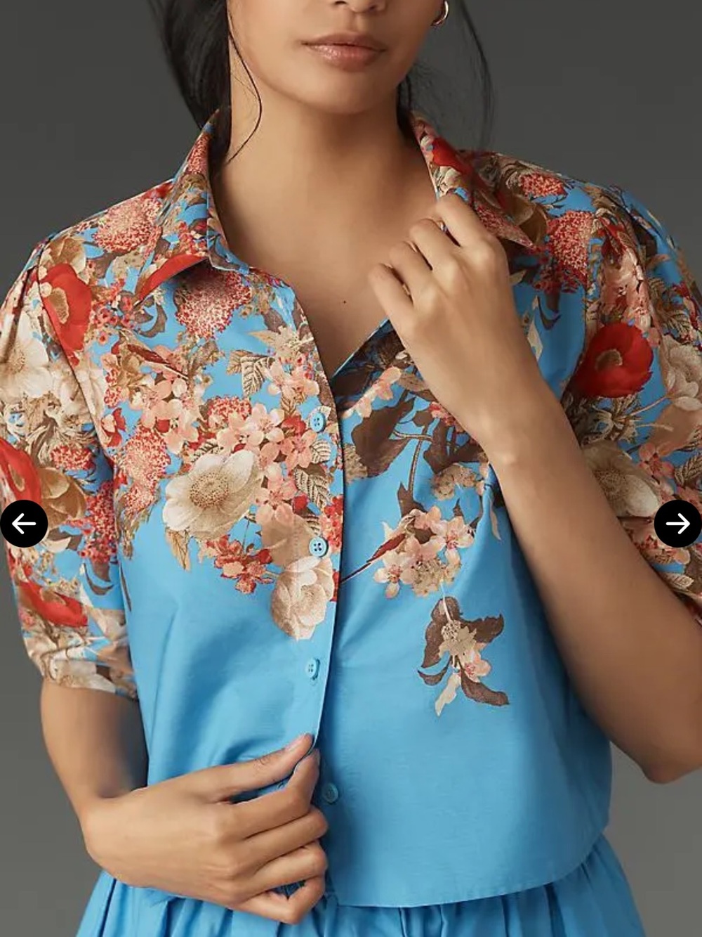 New Maeve women’s Blue Floral lantern Short-Sleeve Collared Top sz large cotton - Picture 2 of 10